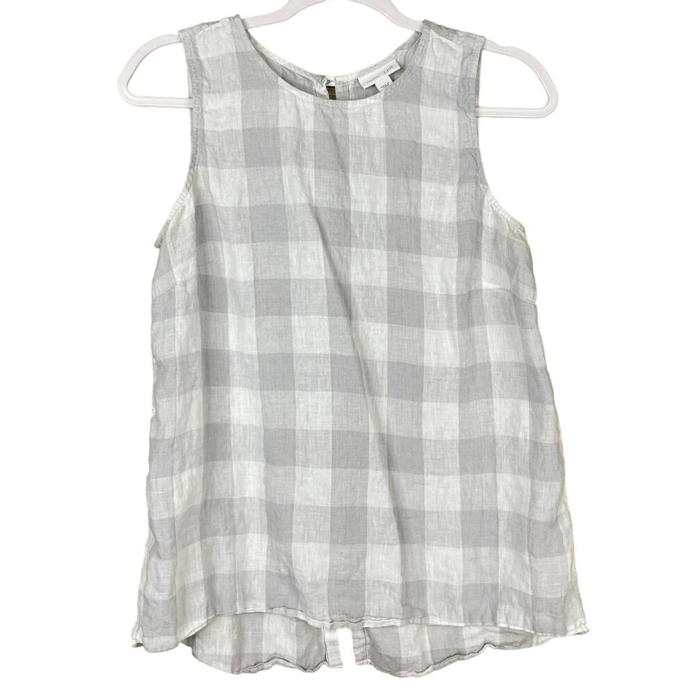 J. Jill Love Linen Tank Top White Gray Buffalo Plaid Button Back SZ Small